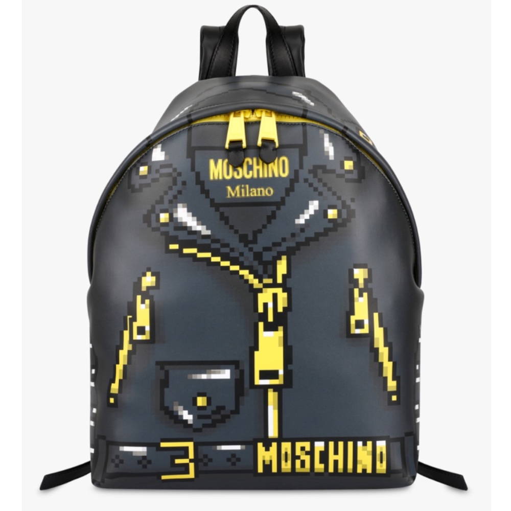 MOSCHINO X SIMS NEW Unisex Leather Pixel Effect Logo Backpack Travel School Rare